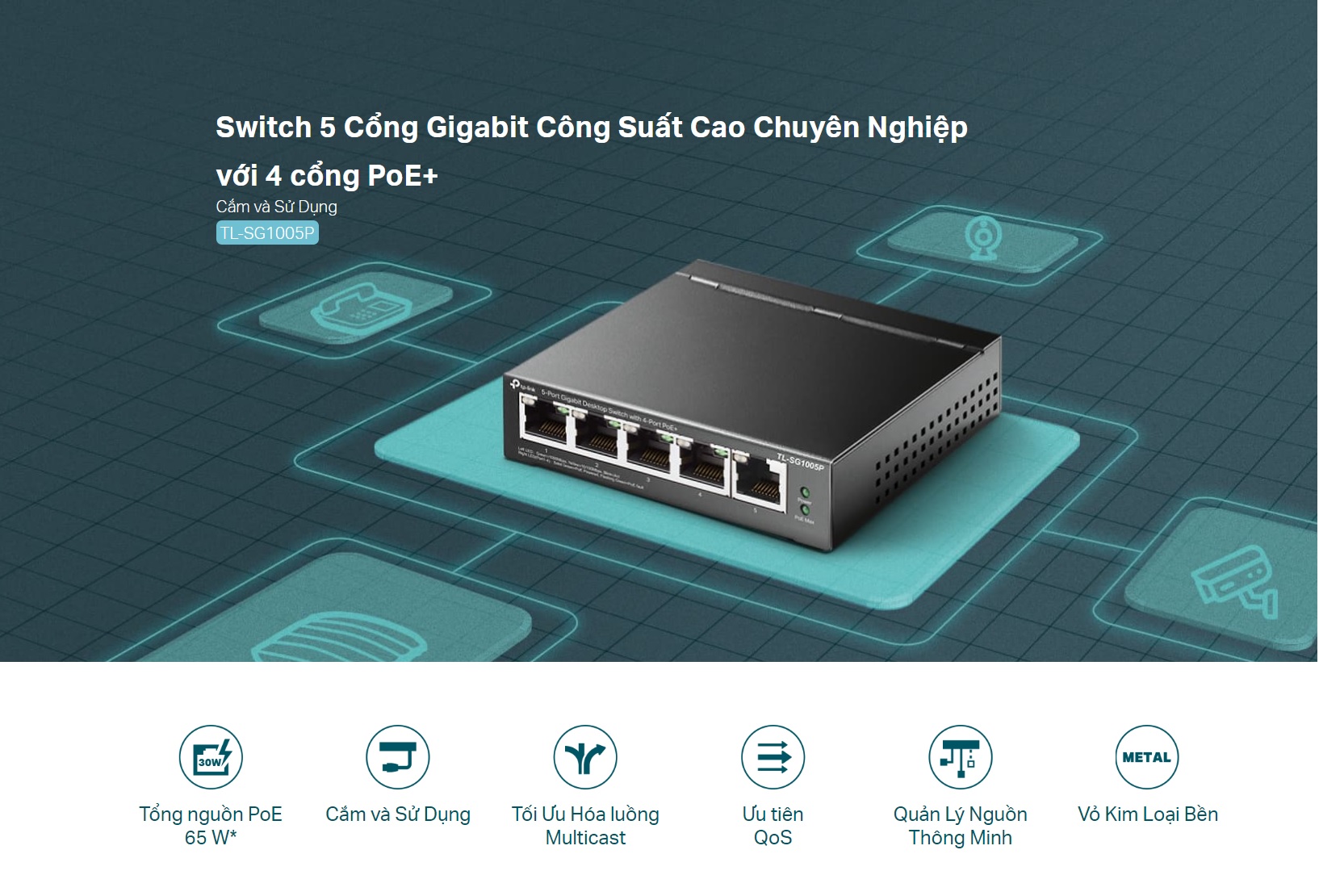 Switch TP-Link TL-SG1005P 4 Port PoE (5P Gigabit RJ45)