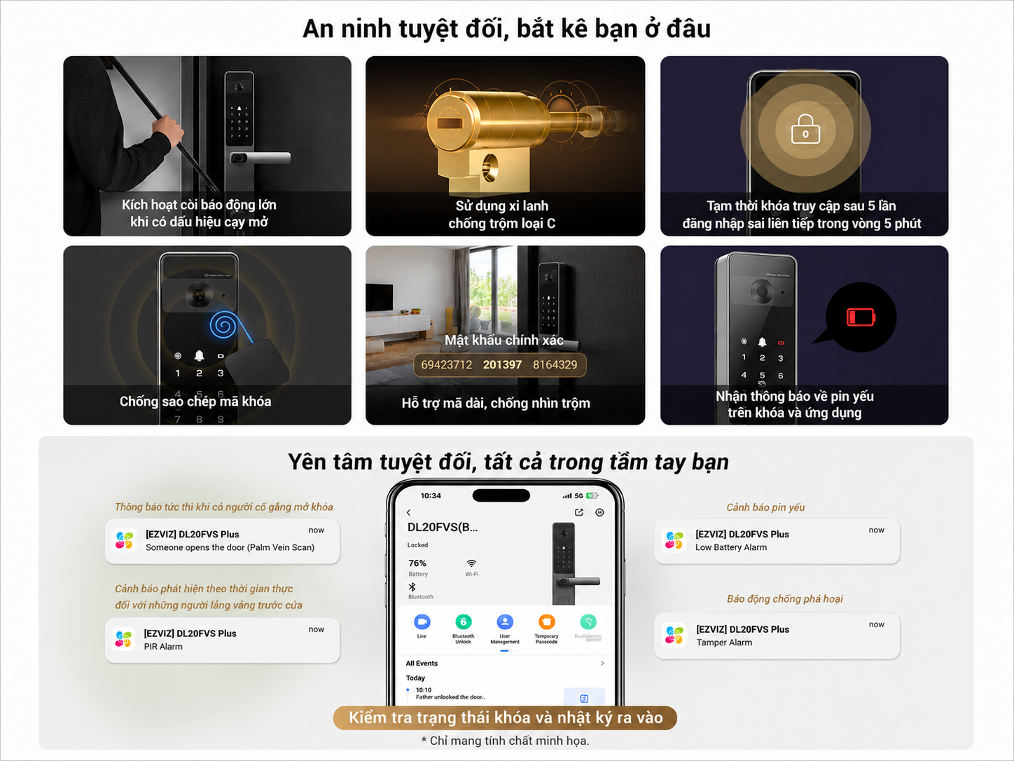 Khóa cửa thông minh EZVIZ DL20FVS Plus, nhận diện Face ID, tĩnh mạch lòng bàn tay