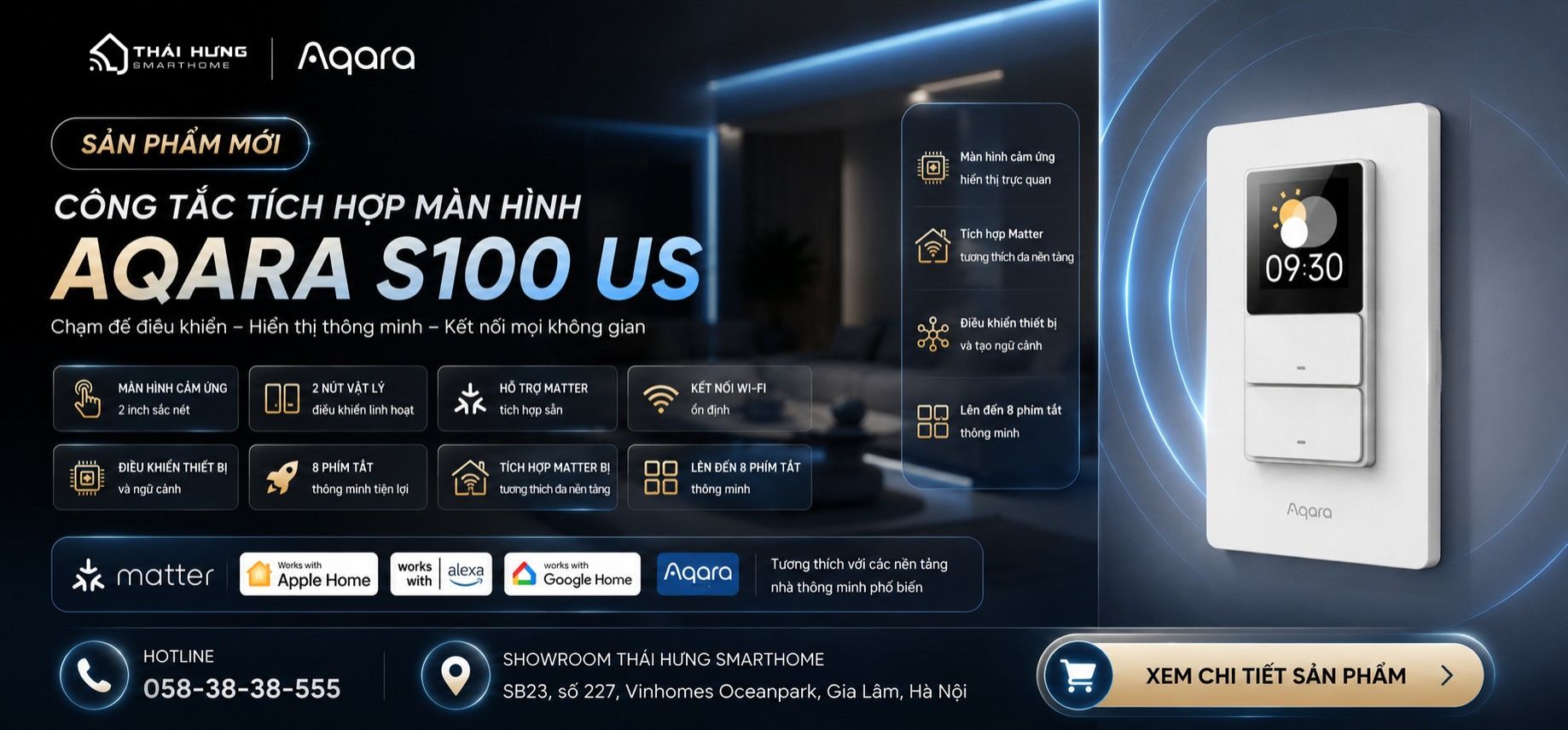 Công tắc tích hợp màn hình cảm ứng Aqara S100 US