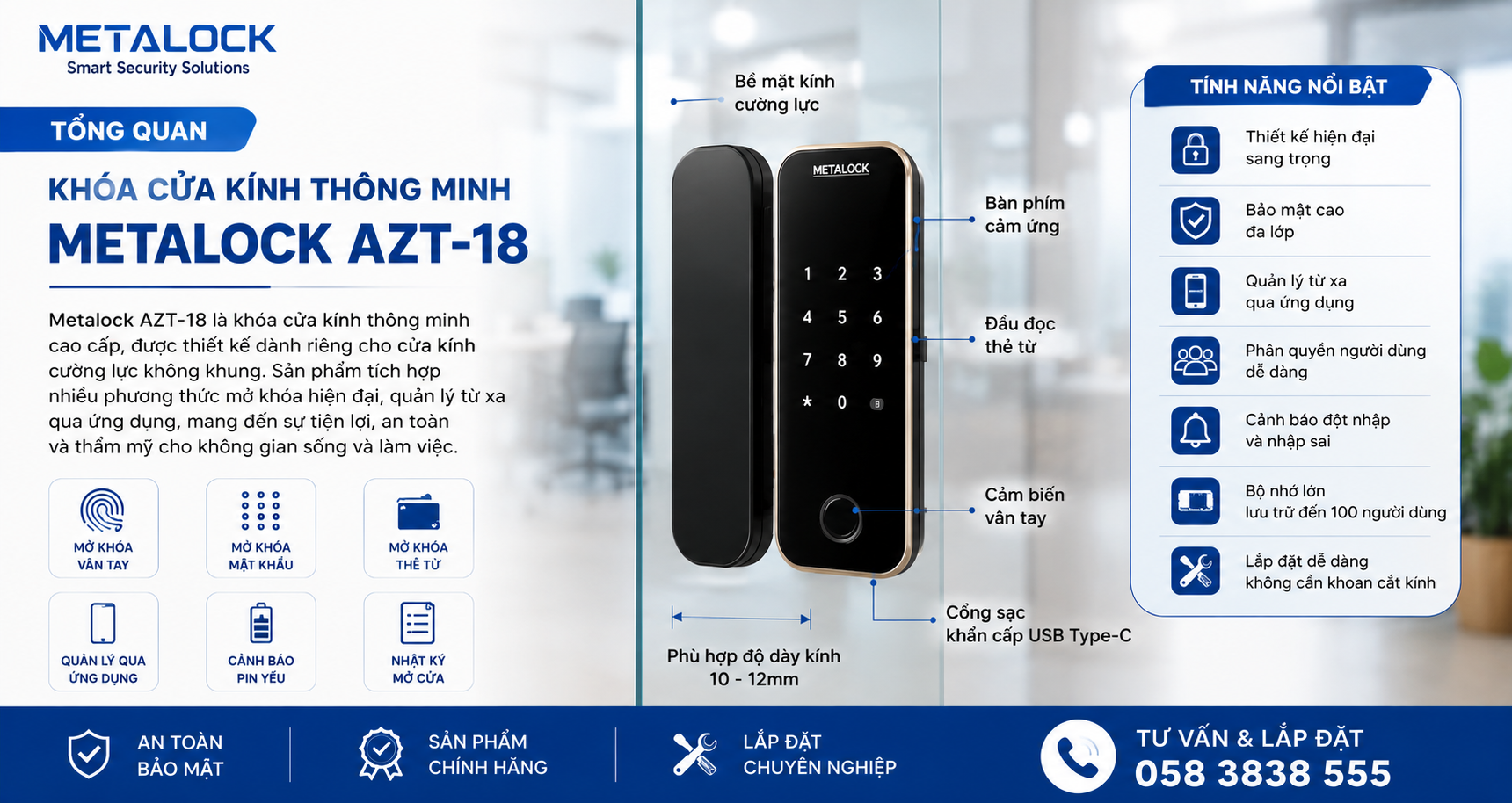 Khóa cửa kính thông minh AZT-18