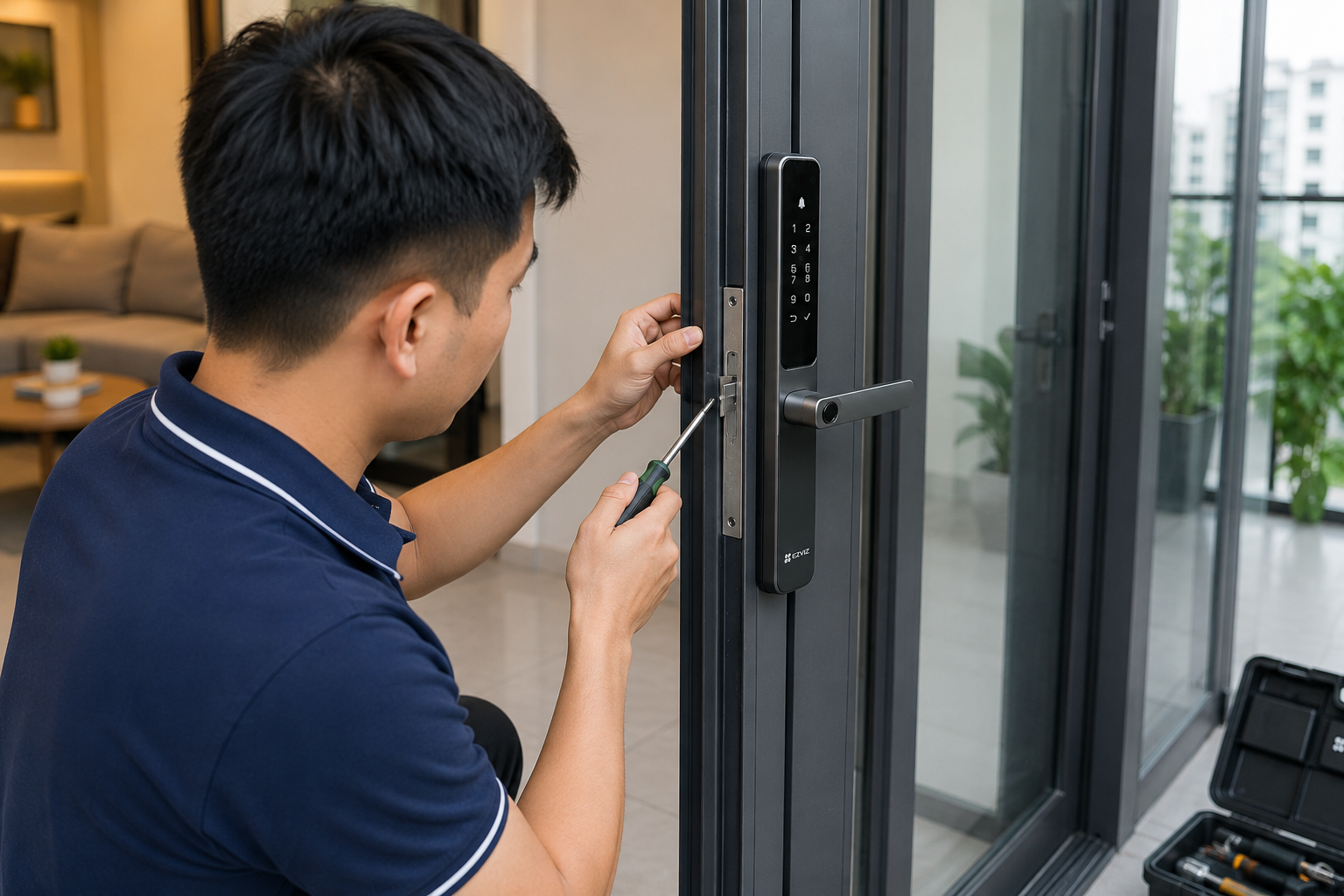Lắp đặt khóa cửa nhôm thông minh Ezivz DL06 tại thành phố Đà Nẵng