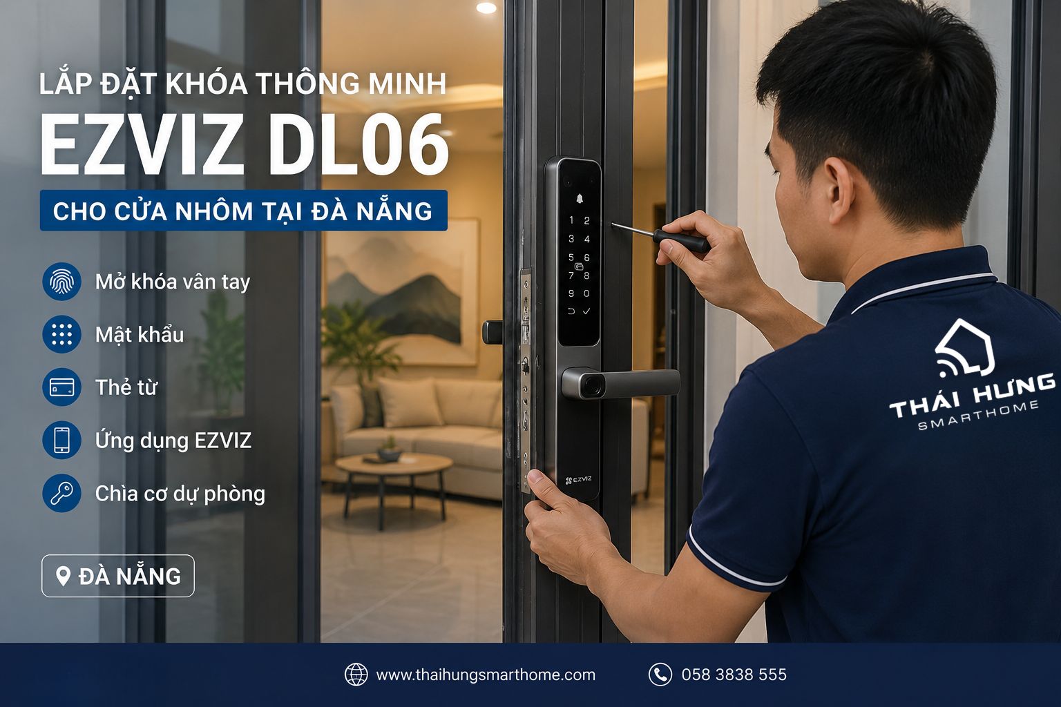 Lắp đặt khóa cửa nhôm thông minh Ezivz DL06 tại thành phố Đà Nẵng
