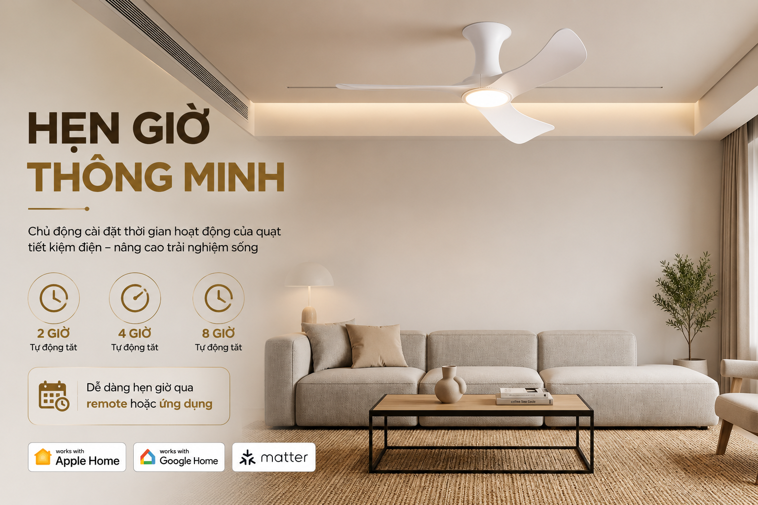 Quạt trần thông minh tích hợp đèn 48 inch, kết nối Matter