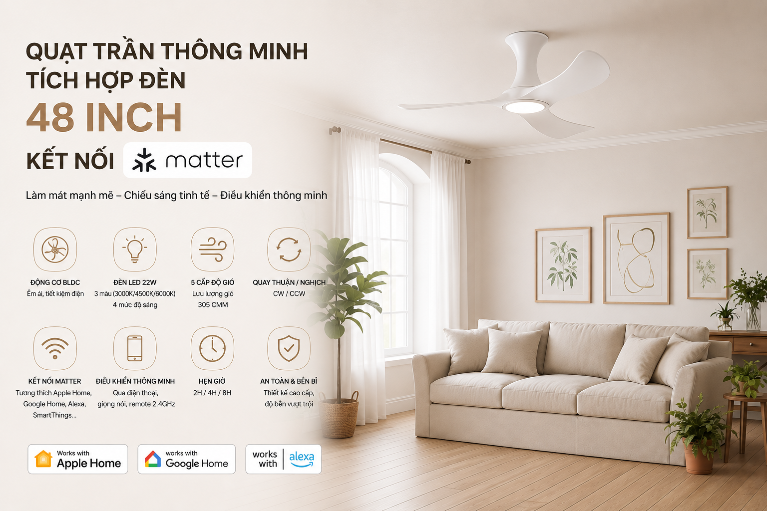 Quạt trần thông minh tích hợp đèn 48 inch, kết nối Matter