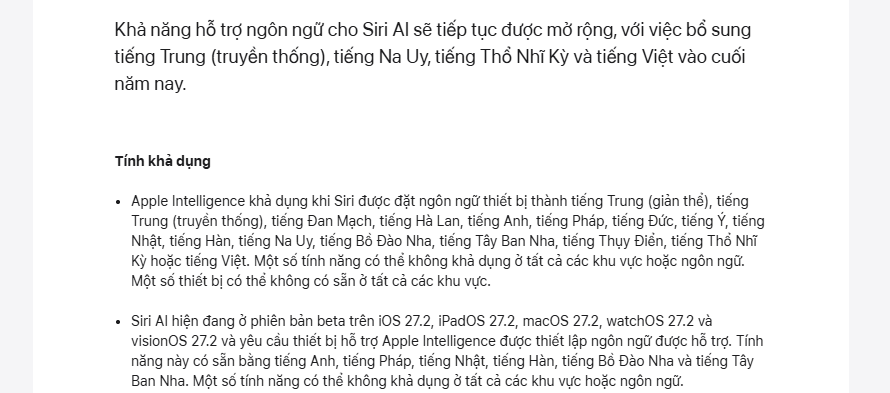 Ảnh chụp thông báo Apple Newsroom về lộ trình Siri AI tiếng Việt cuối năm 2026