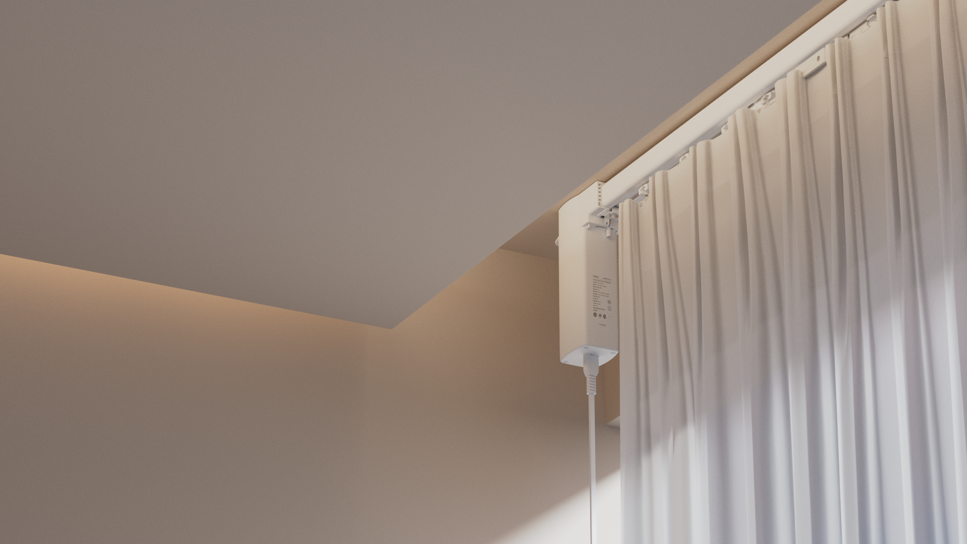 Aqara C100 lắp ở đầu ray rèm cạnh lớp vải trong hộc trần