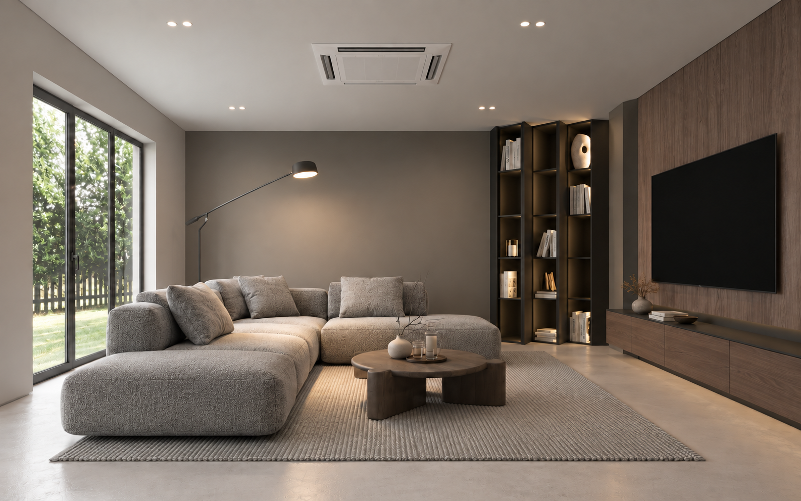Phòng khách với TV đối diện sofa và điều hòa âm trần