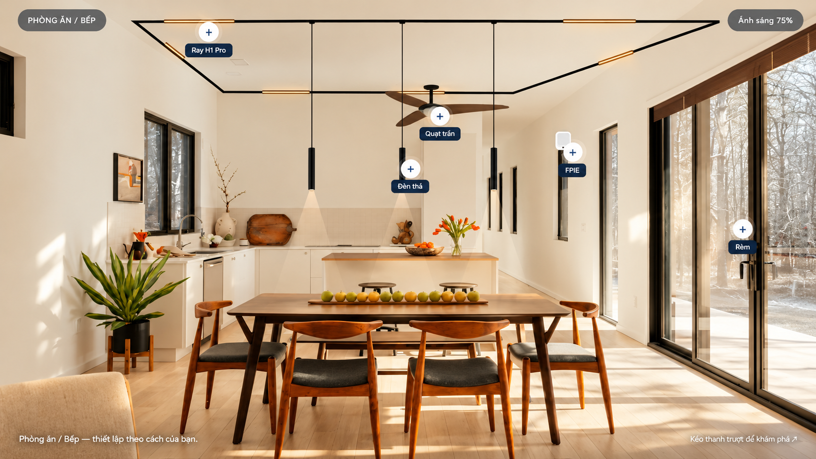 Phòng bếp với Đèn LED ray nam châm, cảm biến hiện diện, hệ thống rèm tự động