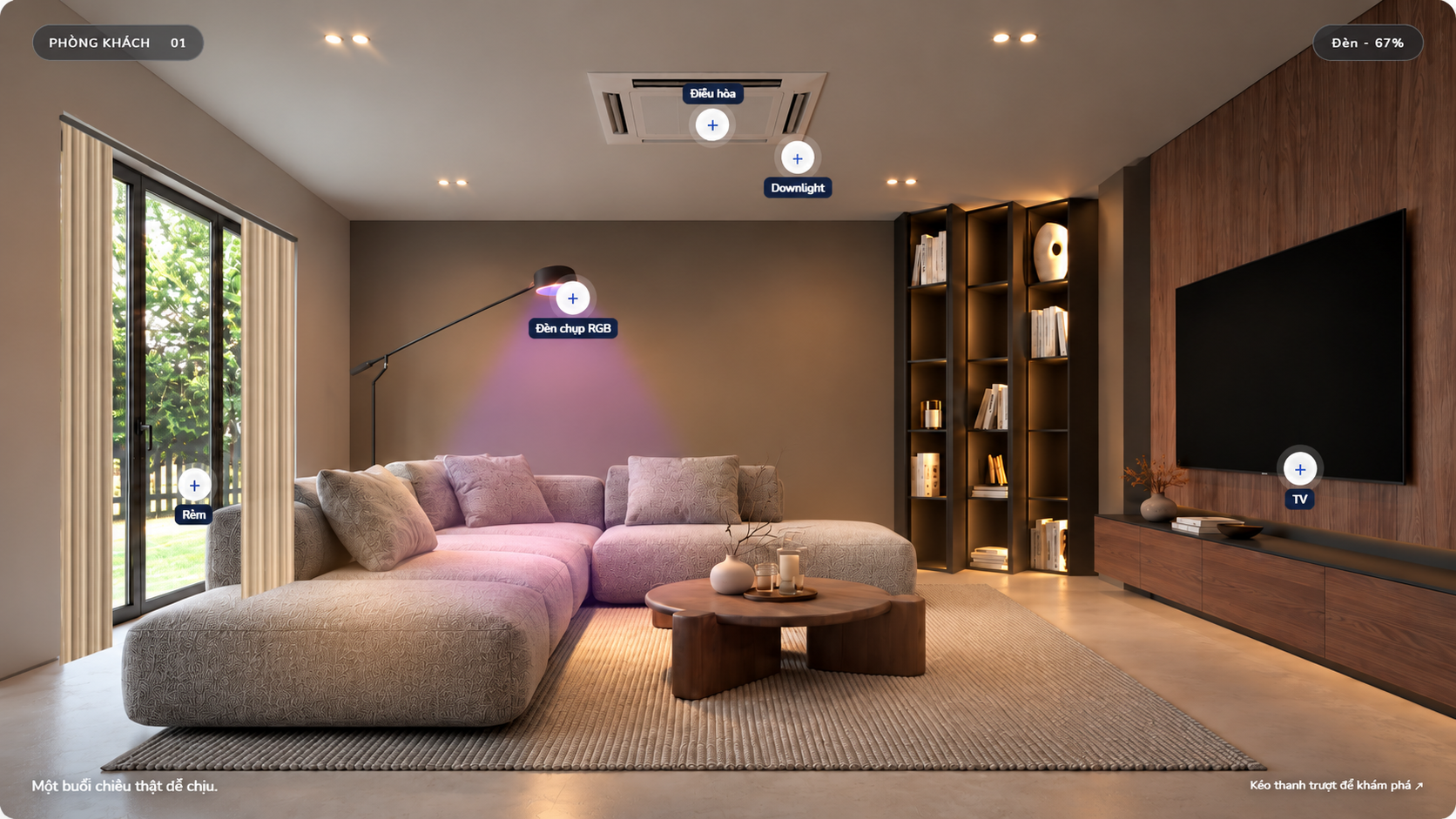 Phối cảnh phòng khách Aqara Smart Home với rèm tự động, đèn âm trần, điều khiển điều hòa, TV thông minh